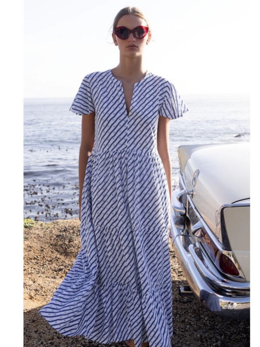 NWT OLIPHANT Tuckernuck V-Neck Flutter Sleeve Maxi Dress Dispy Navy Print XXL - Picture 2 of 6